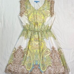 ANTONIO MELANI Paisley Mini Dress in White, Green, and Brown